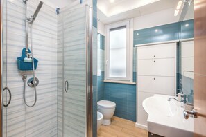 Shower, hair dryer, bidet, towels