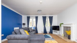 A modern living room with a grey sofa, a flat-screen TV, a fireplace, and blue curtains.