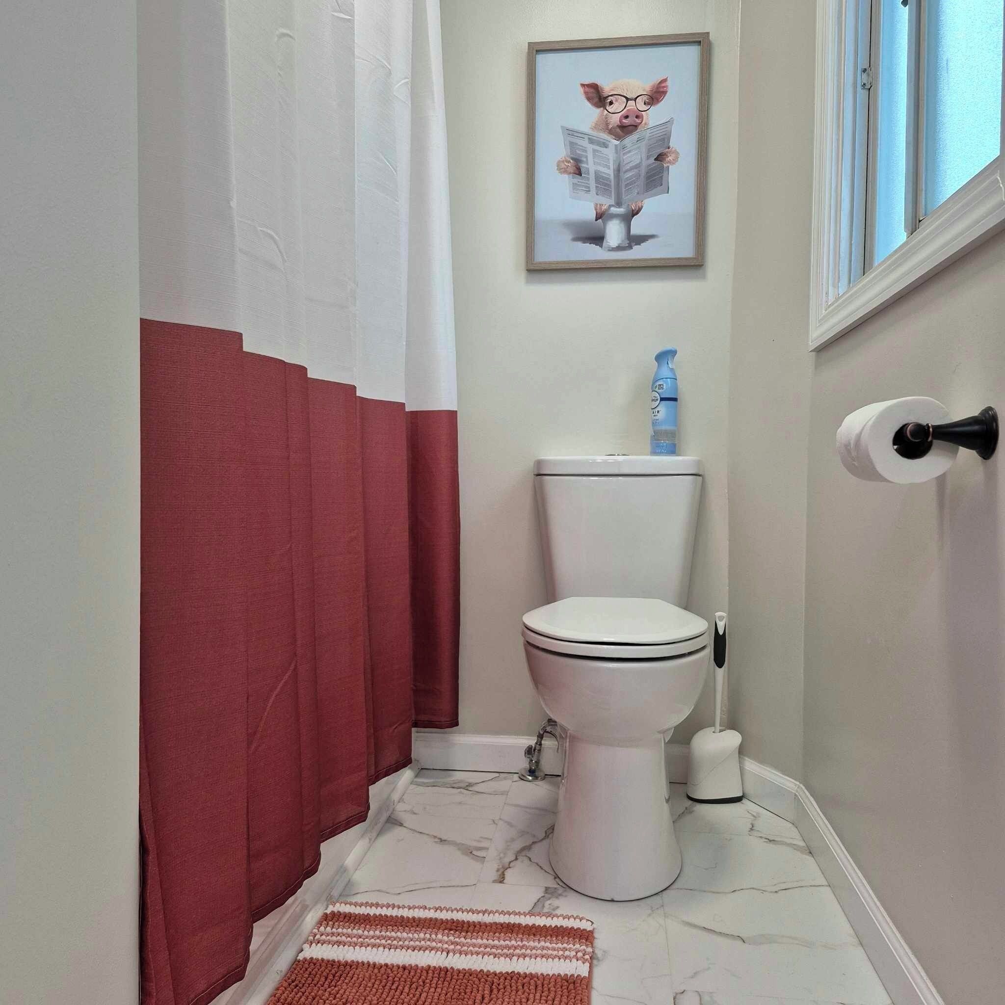 Une salle de bain avec des toilettes, un rideau de douche, un tableau encadré au mur, un flacon de savon liquide et un porte-rouleau de papier toilette.