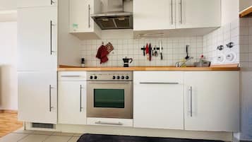 Een microgolfoven, een oven, een kookplaat, een vaatwasser