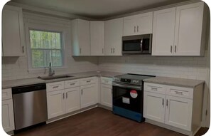 Een microgolfoven, een oven, een kookplaat, een vaatwasser