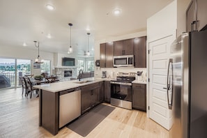 Fridge, microwave, coffee/tea maker, toaster