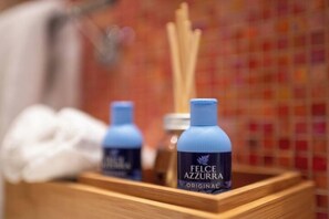 Douche, sèche-cheveux, serviettes fournies, savon