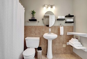 Hair dryer, towels, soap, toilet paper