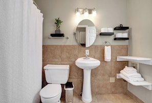 Hair dryer, towels, soap, toilet paper