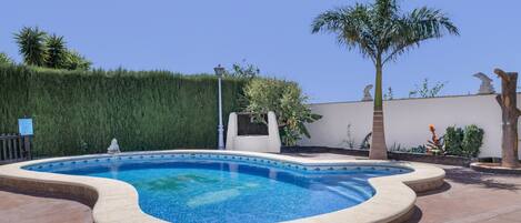 A swimming pool with a curved edge, surrounded by a tiled deck, a palm tree, and a hedge.