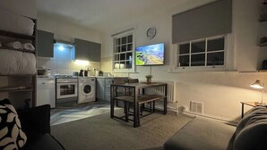 A compact living space with a kitchenette, a dining area, a sofa, and a TV.