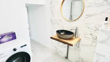 Shower, hair dryer, toilet paper