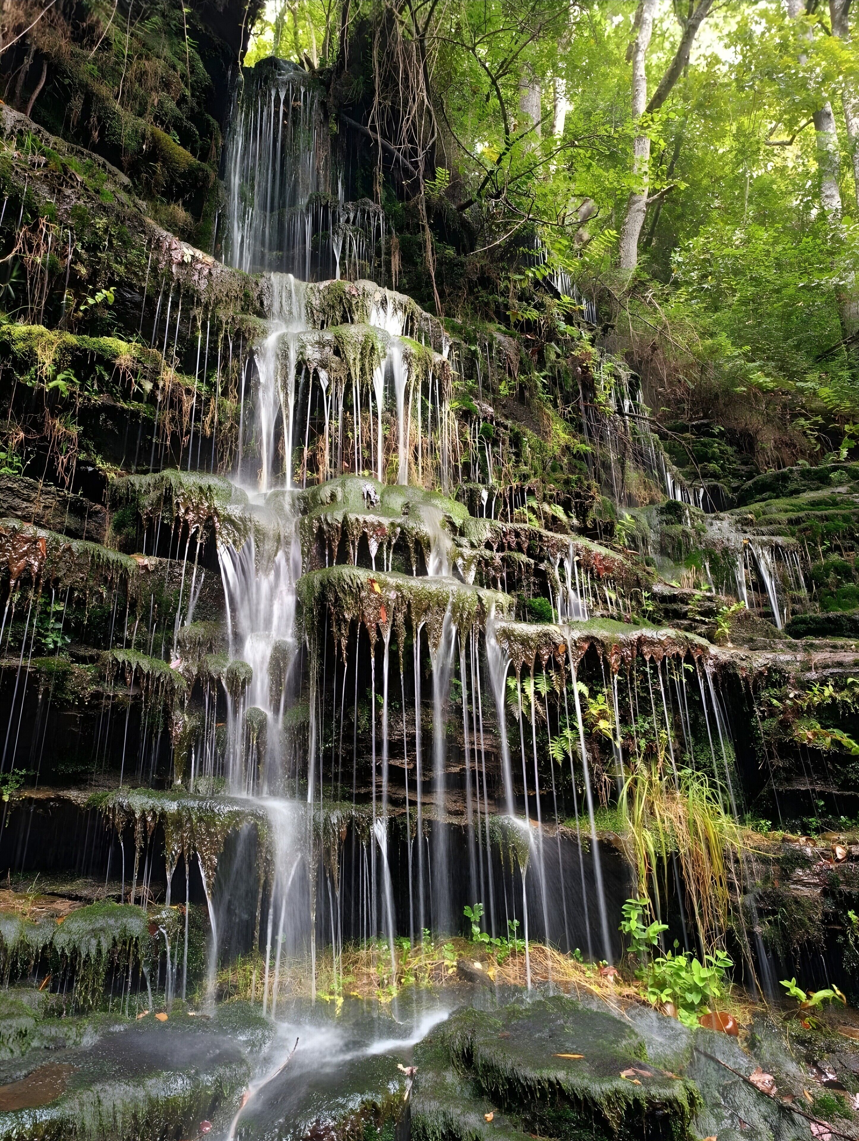 A multi-tiered waterfall surrounded by dense forest.