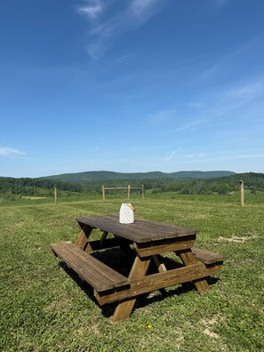 Une table de pique-nique dans un champ verdoyant, sous un ciel dégagé, avec des collines qui se dessinent à l’horizon.