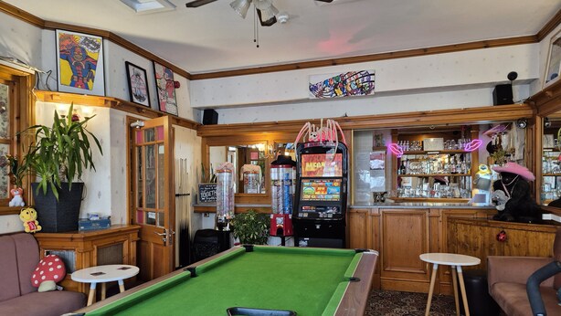 A pool table in a room with wooden paneling, a bar area with a neon sign, and various decorations including a large plant and framed artwork. - Pine Lodge Hotel (Blackpool)