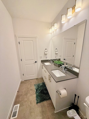 Hair dryer, towels, soap, toilet paper