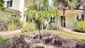 A building with a white facade, arched entrance, and a garden with purple plants.