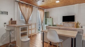 A compact living space with a kitchenette, a dining area, a sofa, and a television.