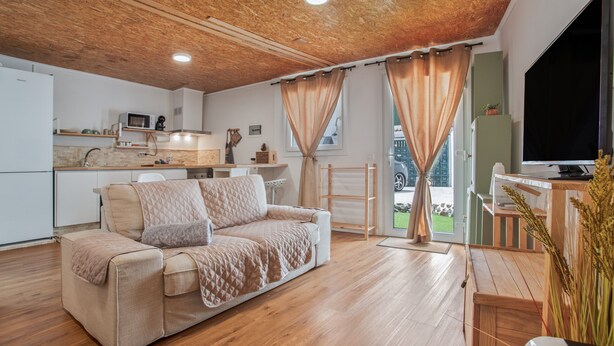 A living room with a sofa, wooden flooring, a kitchen area, and a TV.
