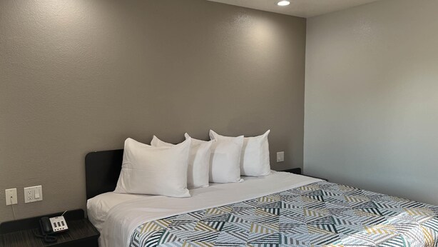 A hotel room with a bed, white pillows, a patterned bedspread, a telephone on the nightstand, and a wall socket. - Motel 6 Dallas, Tx – St. Augustine / Hwy 175 (Dallas)