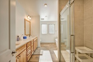 Hair dryer, towels, soap, shampoo