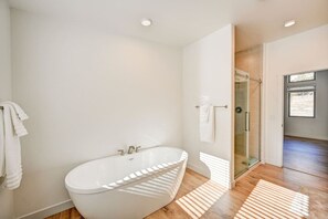 Hair dryer, towels, soap, shampoo