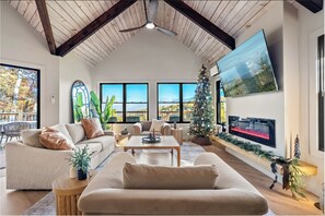 Smart TV, fireplace, video games, foosball