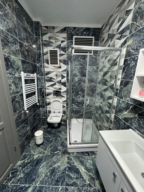 Hair dryer, towels, soap, toilet paper