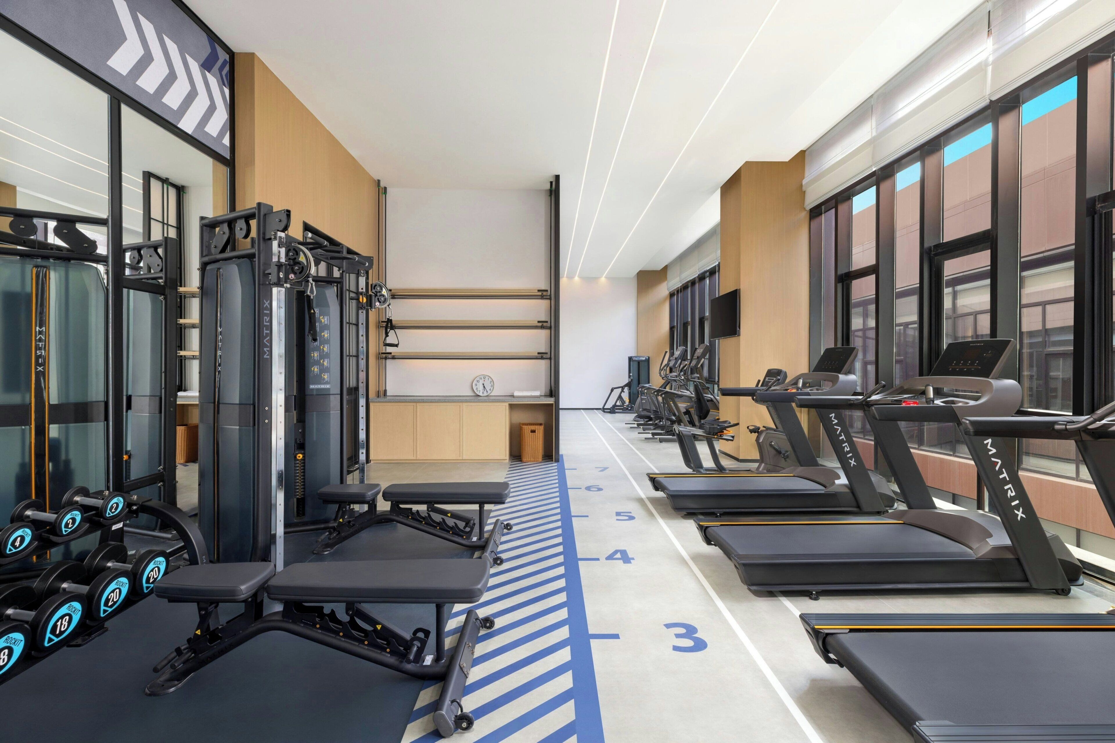 A gym with treadmills, weight machines, and dumbbells.