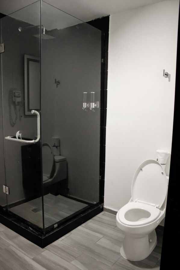 Un baño moderno con ducha acristalada, inodoro y lavabo.