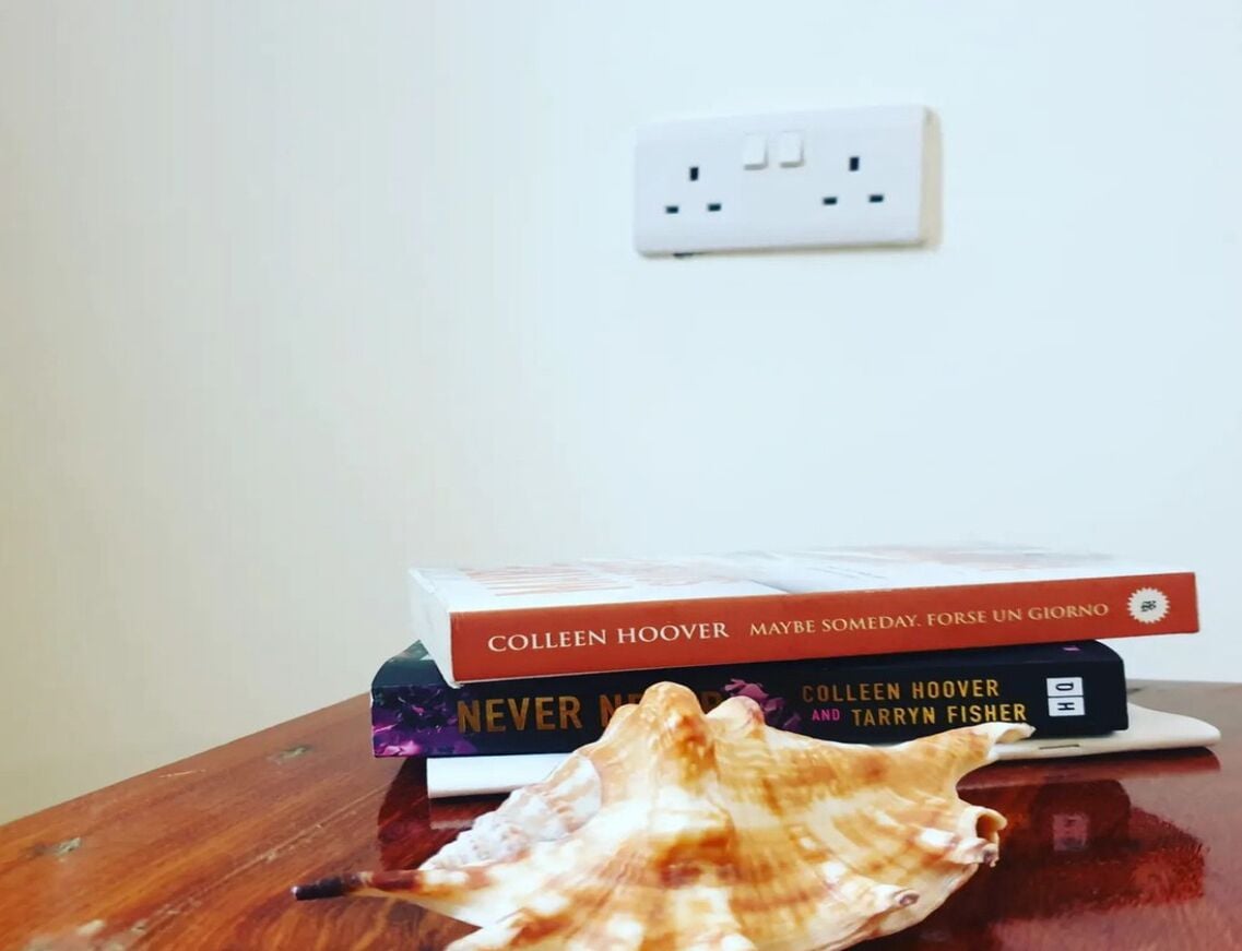 Una mesa de madera con libros y una concha marina.