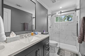 Shower, hair dryer, towels, soap