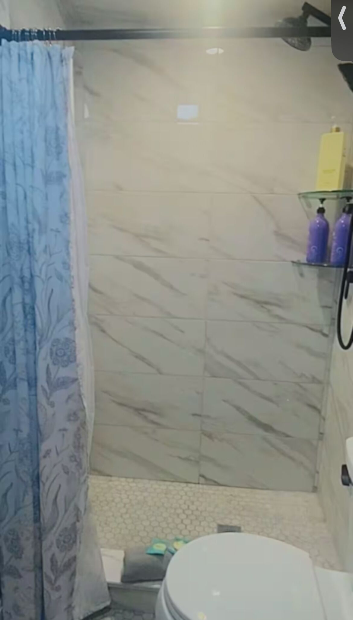 A bathroom with a shower area, a toilet, and a shelf with toiletries.