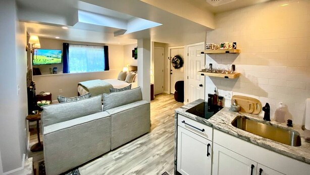 A compact hotel room with a sofa, a television, a kitchen area with a sink and shelves, and a door leading to another room. - Peaceful Pines Haven~ cozy studio near the ponds (Hanson)