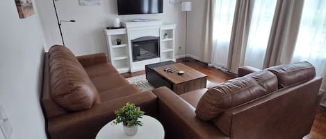 TV connectée, cheminée, livres