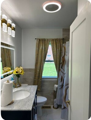Jetted tub, towels, soap, toilet paper