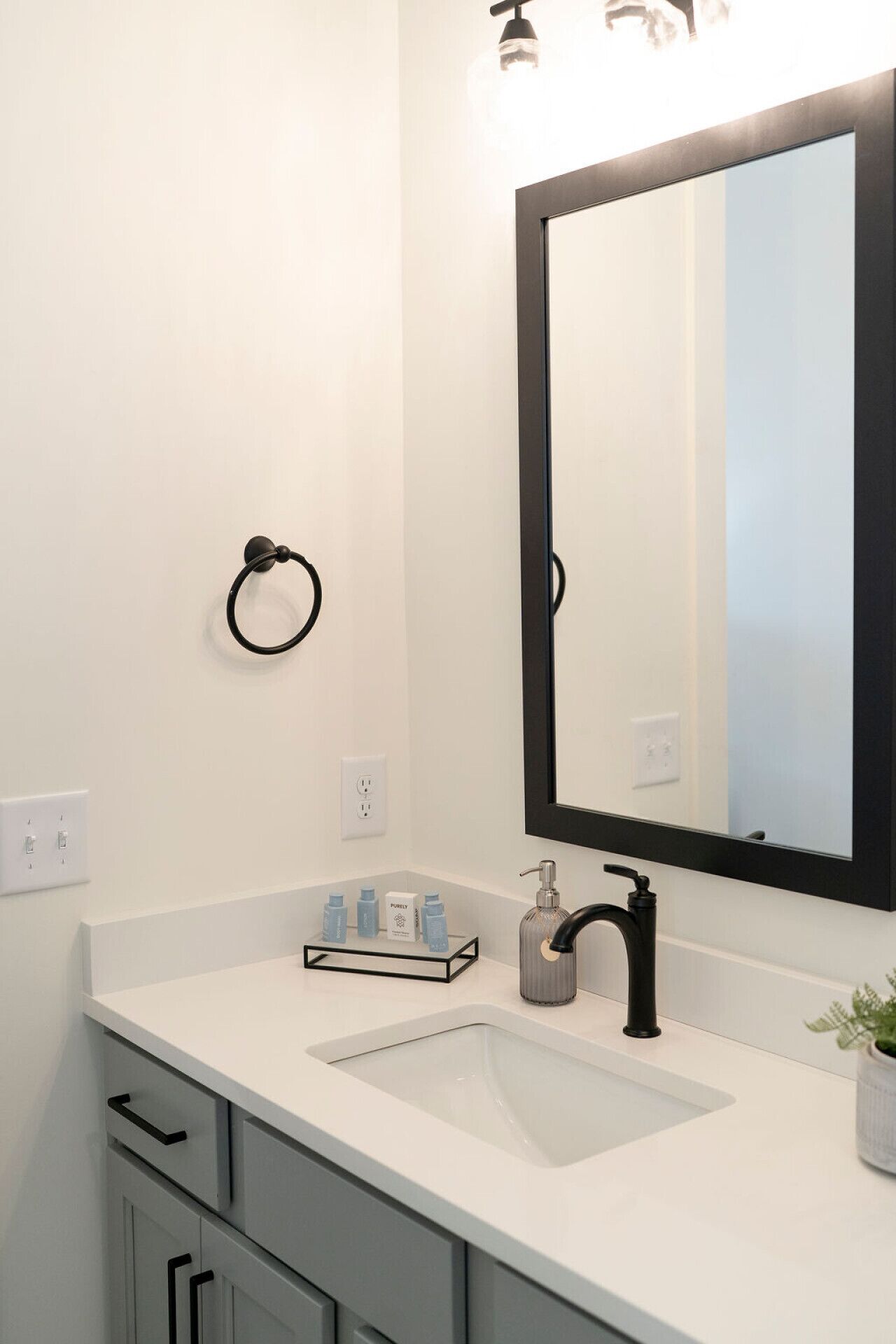 Un baño moderno con un lavamanos blanco, grifo negro y un espejo grande. Hay un perchero para toallas en la pared y una pequeña planta en maceta sobre la encimera.