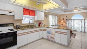 Een moderne keuken met een centraal eiland, witte kastjes en een inbouw vaatwasser.