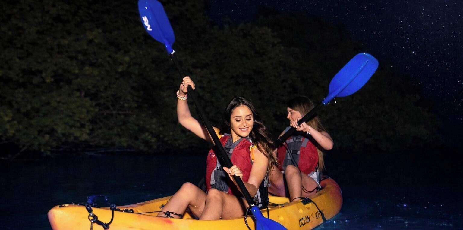 Two individuals kayaking at night.