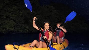 Two individuals kayaking at night.