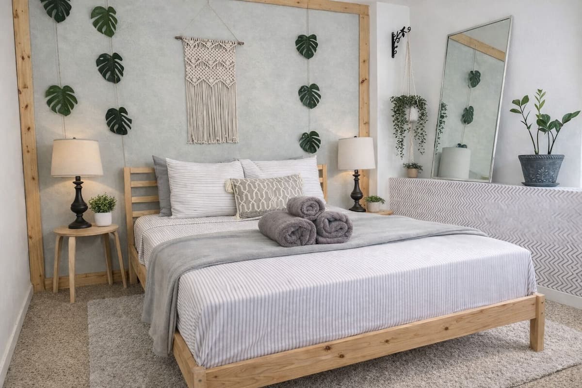 A bedroom with a bed, two bedside tables, a wall-mounted macrame piece, a mirror, and a potted plant.