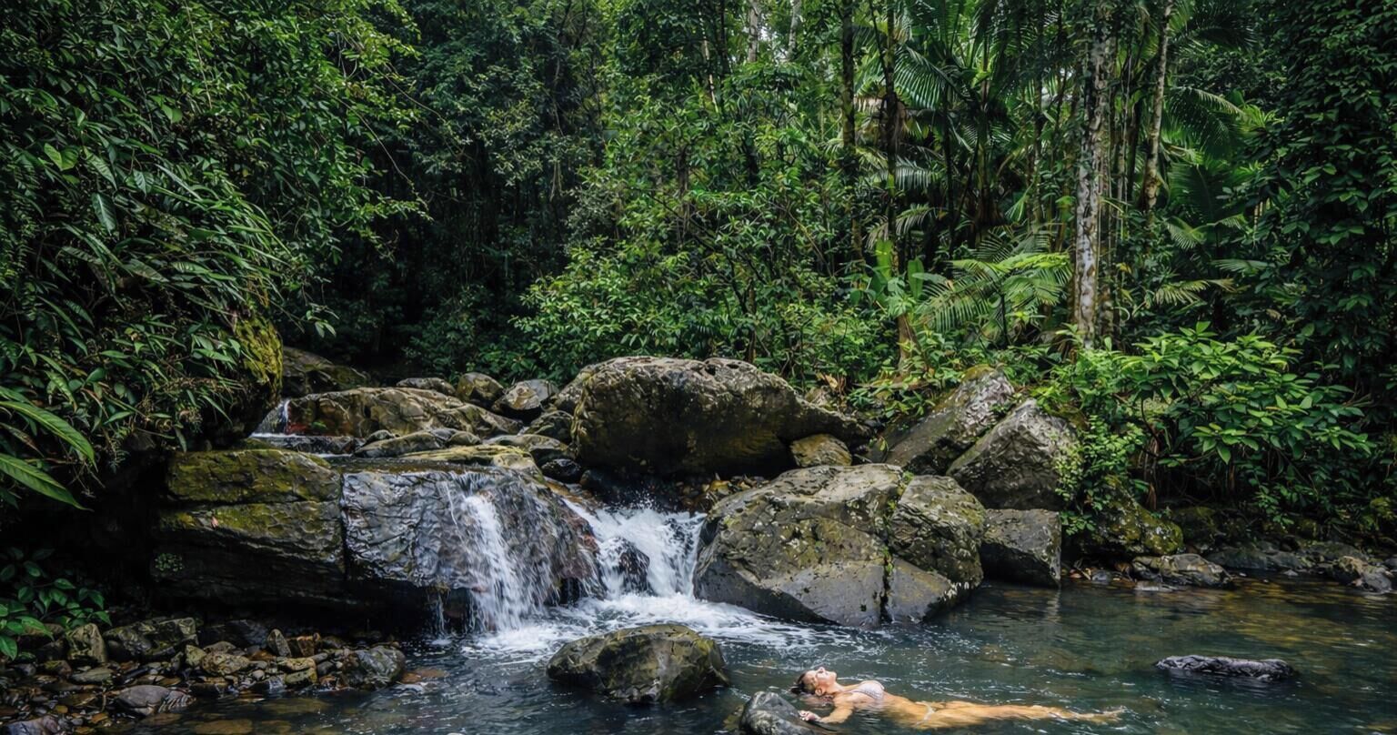A natural waterfall surrounded by dense greenery.