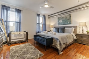 1 bedroom, desk, iron/ironing board, travel cot