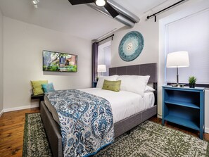 1 bedroom, desk, iron/ironing board, travel cot