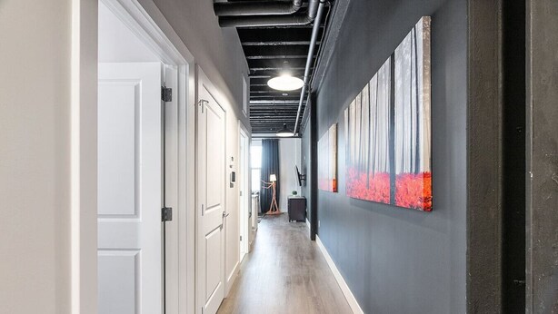 Un pasillo con puertas blancas, suelo de madera y una pared oscura con obra de arte roja.