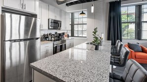 Cocina moderna con electrodomésticos de acero inoxidable, encimera de granito y una zona de estar con sillones de cuero y una planta.