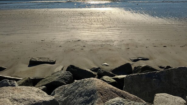 A beach with a rocky foreground and calm sea under a clear sky. - Expansive Family Beach Compound @ Ferry Beach ~ Sleeps 17! (Saco)