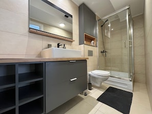 Hair dryer, towels, soap, shampoo