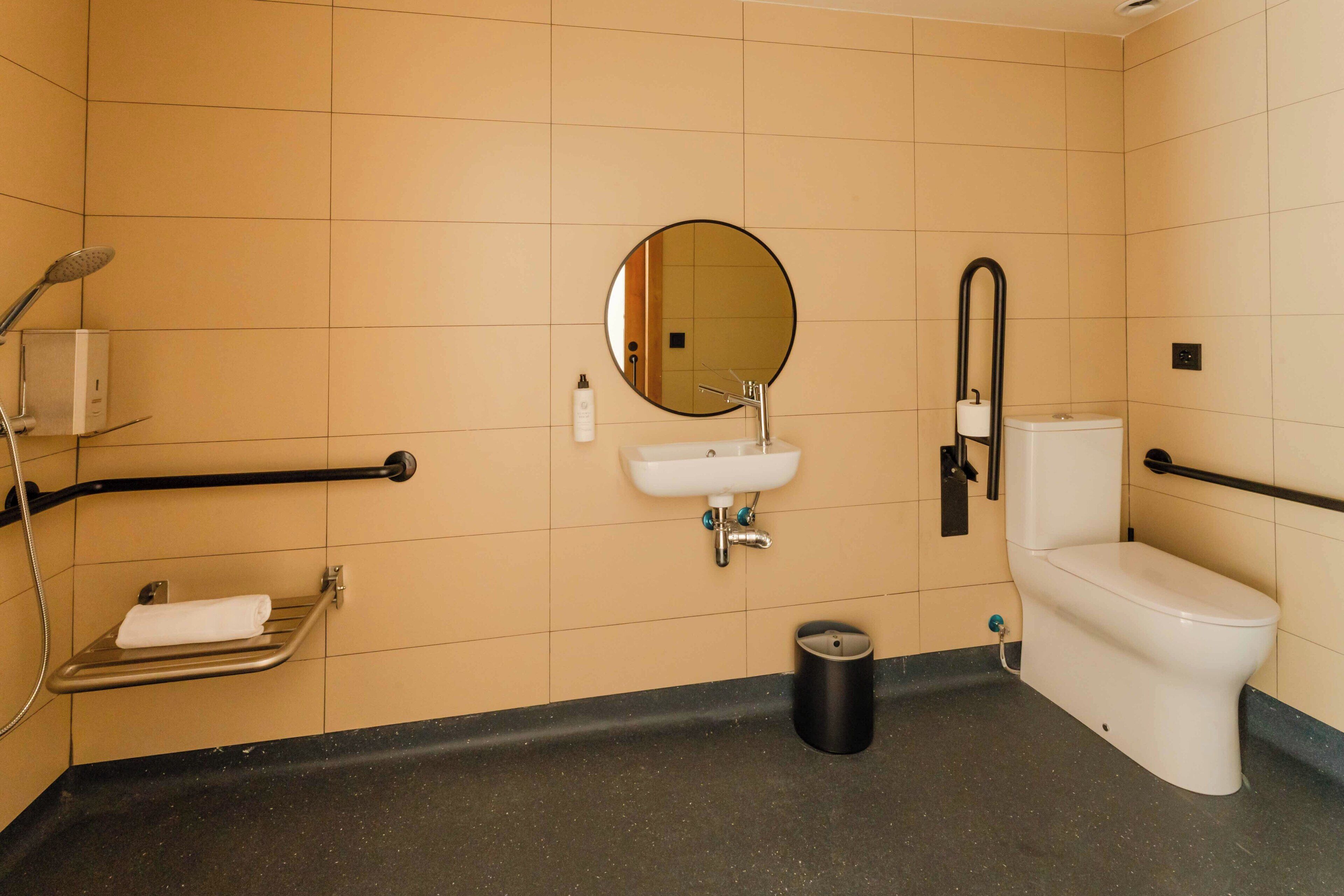 A bathroom with a sink, mirror, toilet, and grab bars.