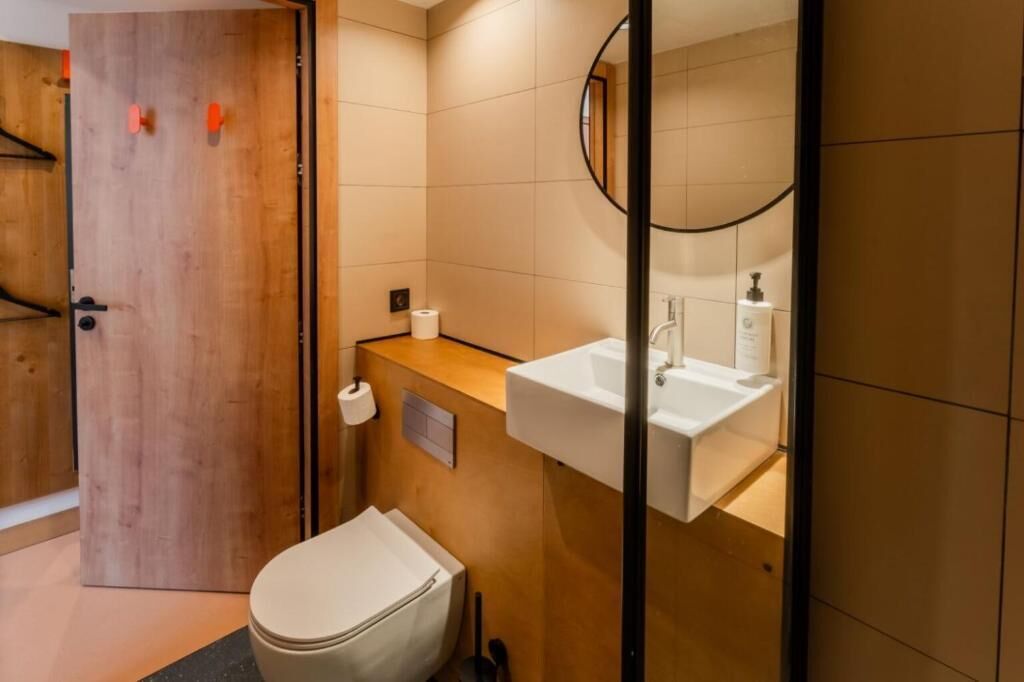 A modern bathroom with a wooden door, a toilet, a sink, and a mirror.