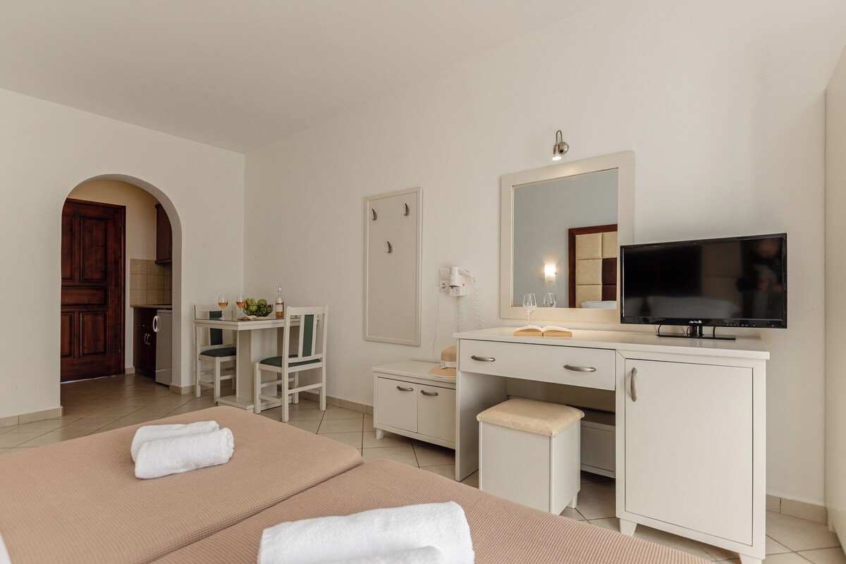 A hotel room with two beds, a desk, a TV, a wardrobe, and a mirror.