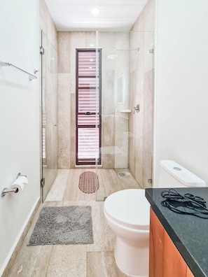 A modern bathroom with a glass shower enclosure, a toilet, and a sink with a black countertop.