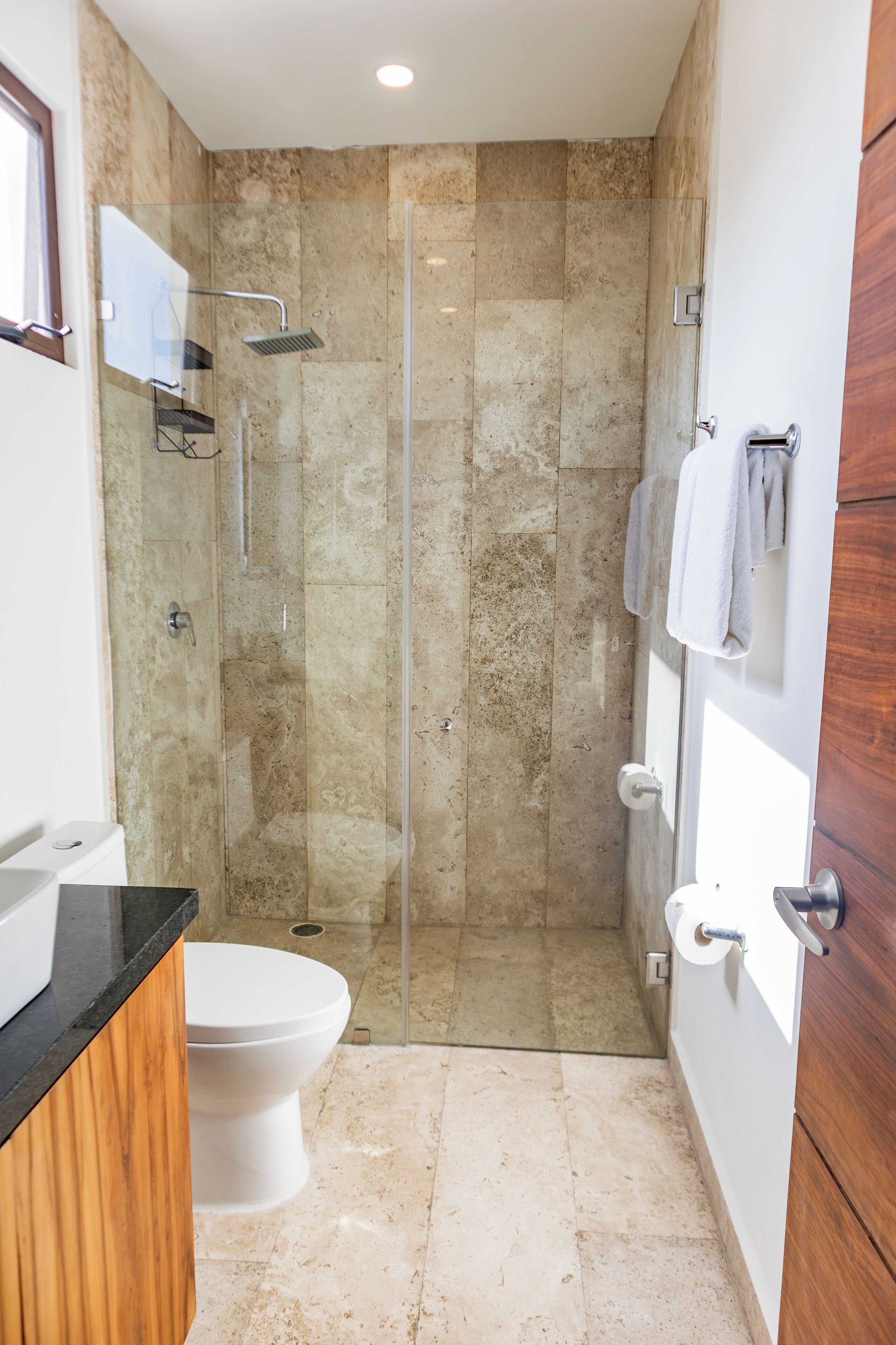 A modern bathroom with a glass-enclosed shower, a toilet, and a sink.