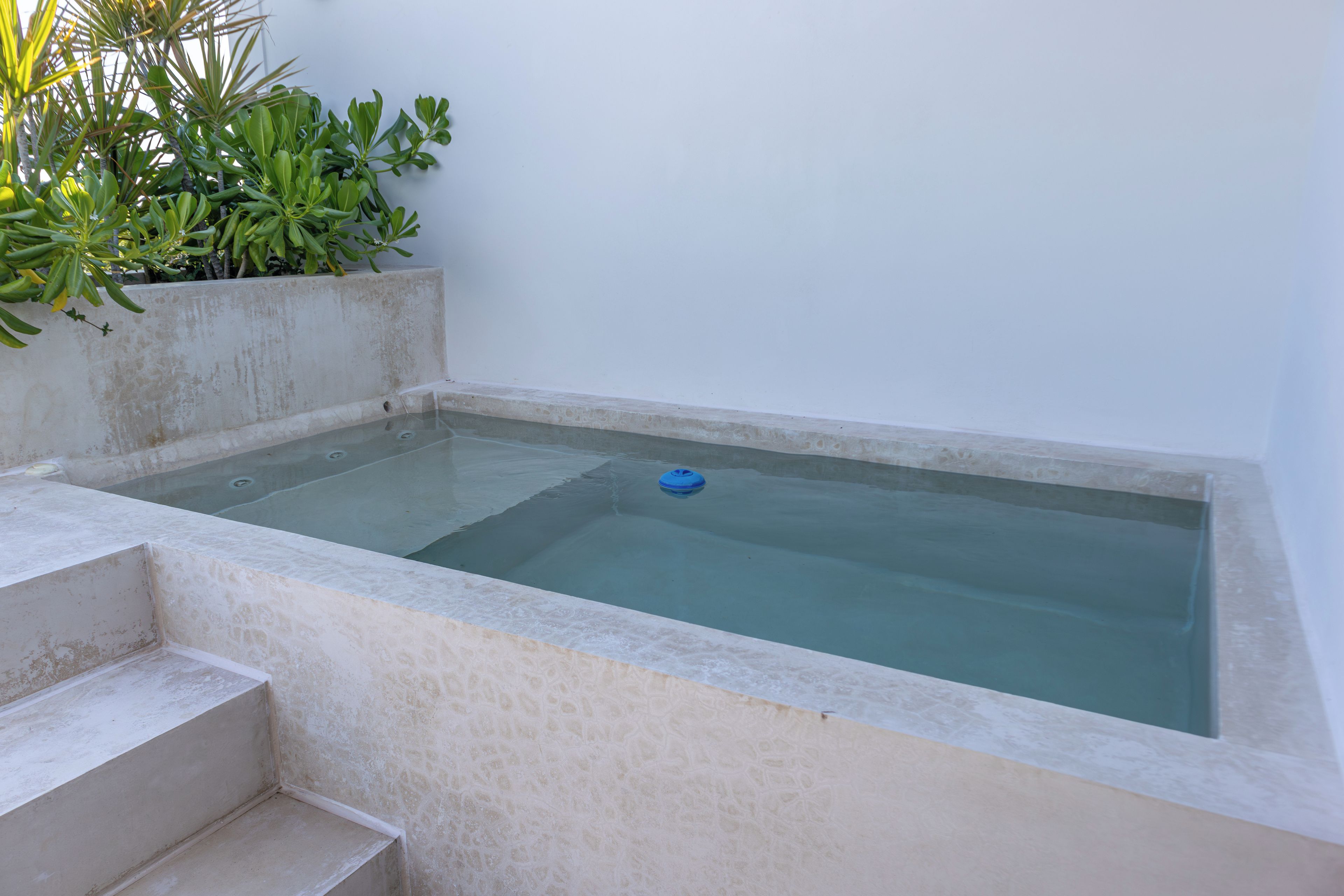 Tinaja rectangular con agua cristalina, rodeada por un borde de hormigón y escalones que llevan a ella.
